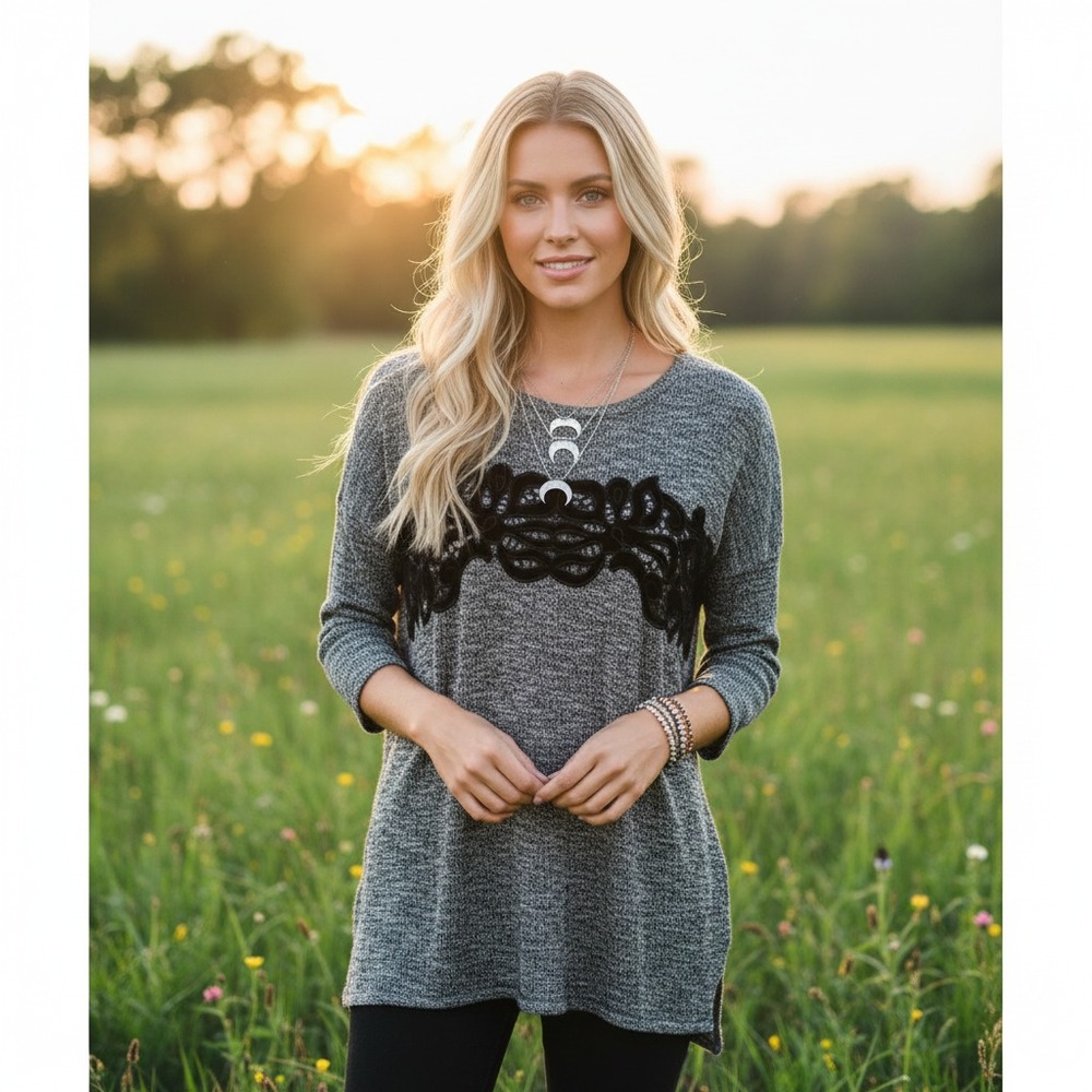 Maurices M Sweater Gray Black Tunic Lightweight Top Lace Boho‎ Chic Casual Comfy